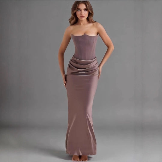 Damen Maxikleid mit Raffungen und elegantem Bustier-Ausschnitt EB