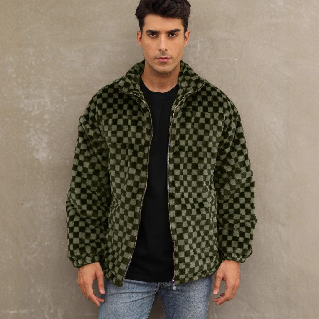 Herren Plüschjacke mit Karo-Muster und hohem Kragen EB