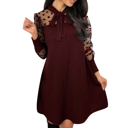 Damen Chiffonkleid mit eleganter Schleife und gepunktetem Design EB