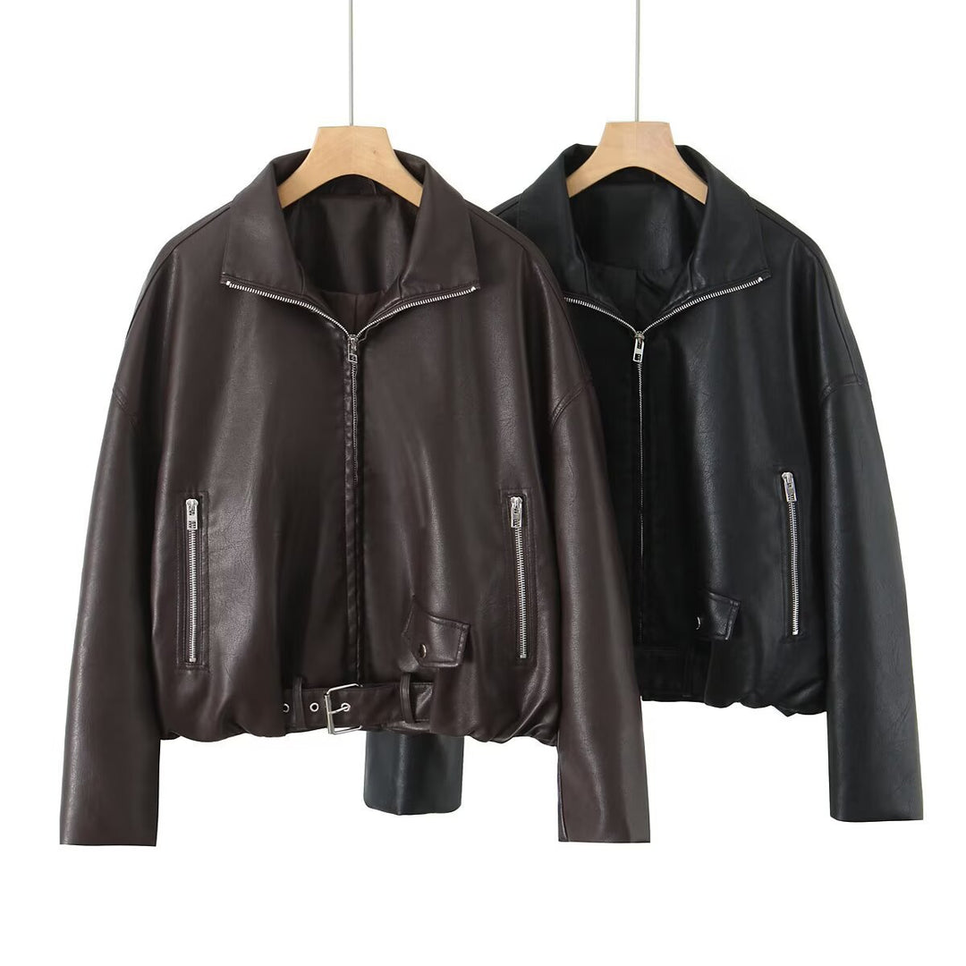 Damen Kunstlederjacke mit taillierbarem Gürtel und seitlichen Reißverschlusstaschen EB