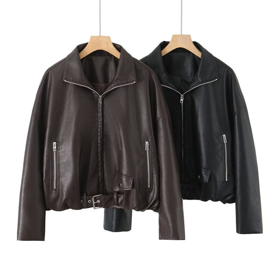 Damen Kunstlederjacke mit taillierbarem Gürtel und seitlichen Reißverschlusstaschen EB