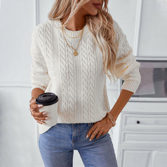 Damen Strickpullover mit Zopfmuster und hohen Bündchen EB
