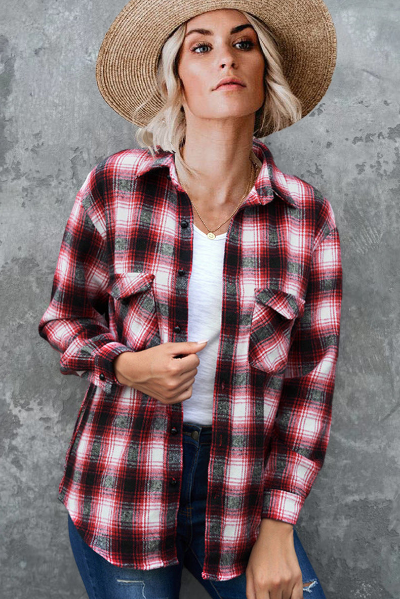 Damen Flanell Hemd im Vintage-Stil mit Karomuster und Brusttaschen EB