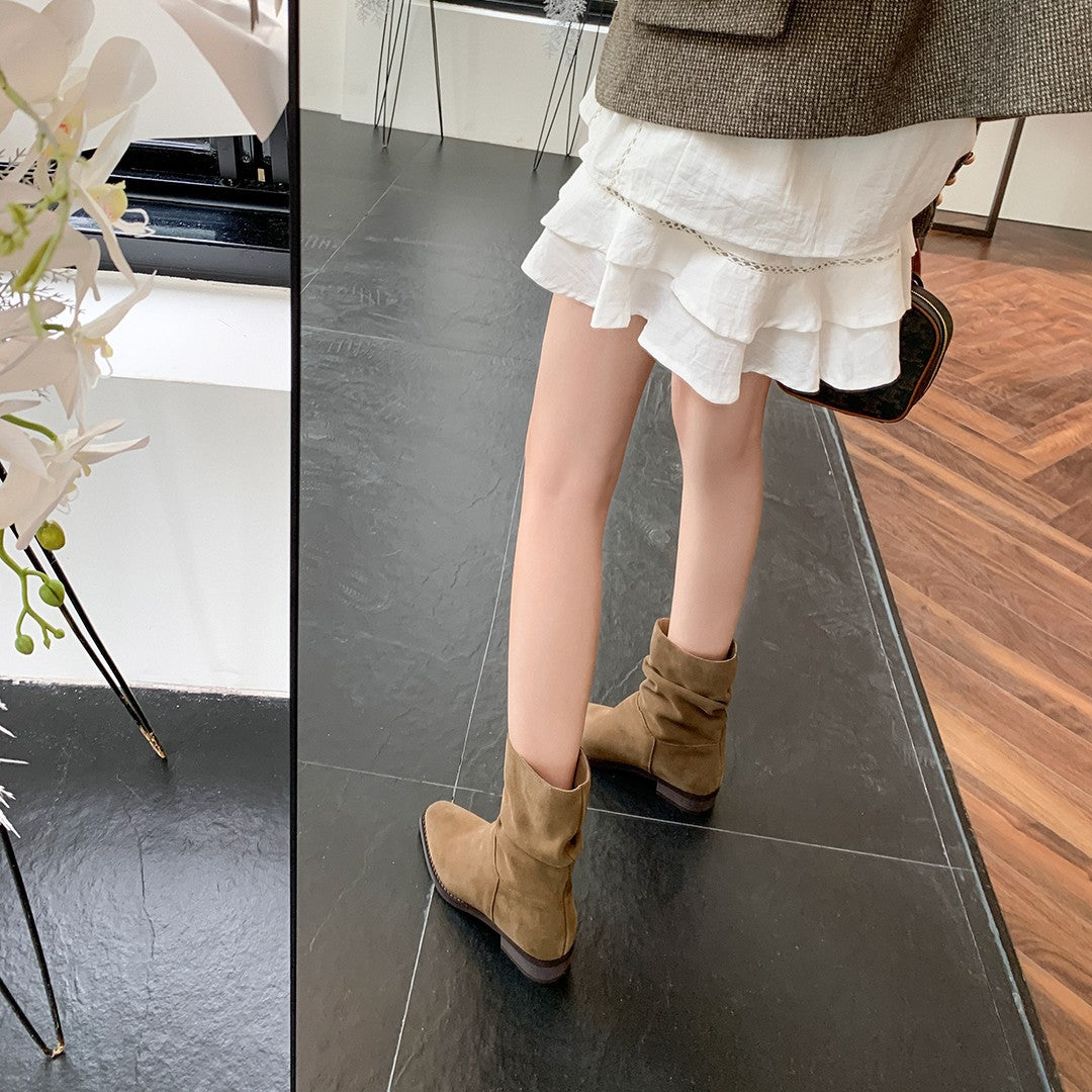 Damen modische Stiefeletten mit gerafftem Design und bequemem Blockabsatz EB