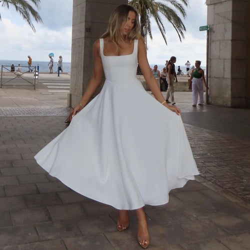 Damen Elegantes Maxikleid mit quadratischem Ausschnitt und fließendem Rock EB