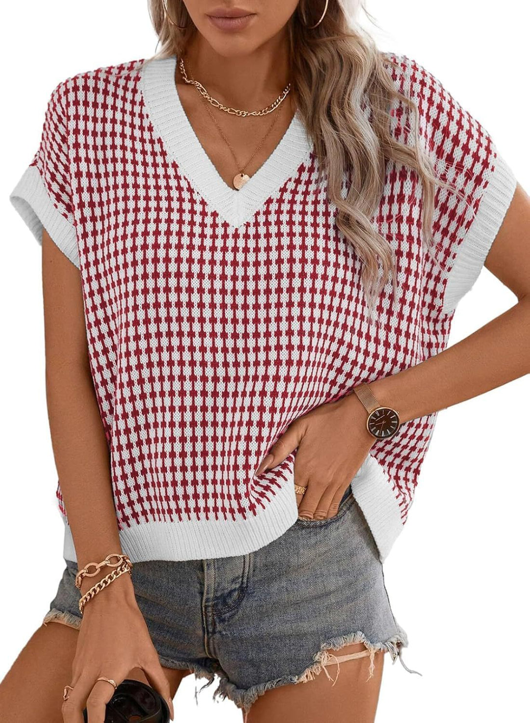Damen lässiger V-Ausschnitt Pullover mit geometrischem Muster EB