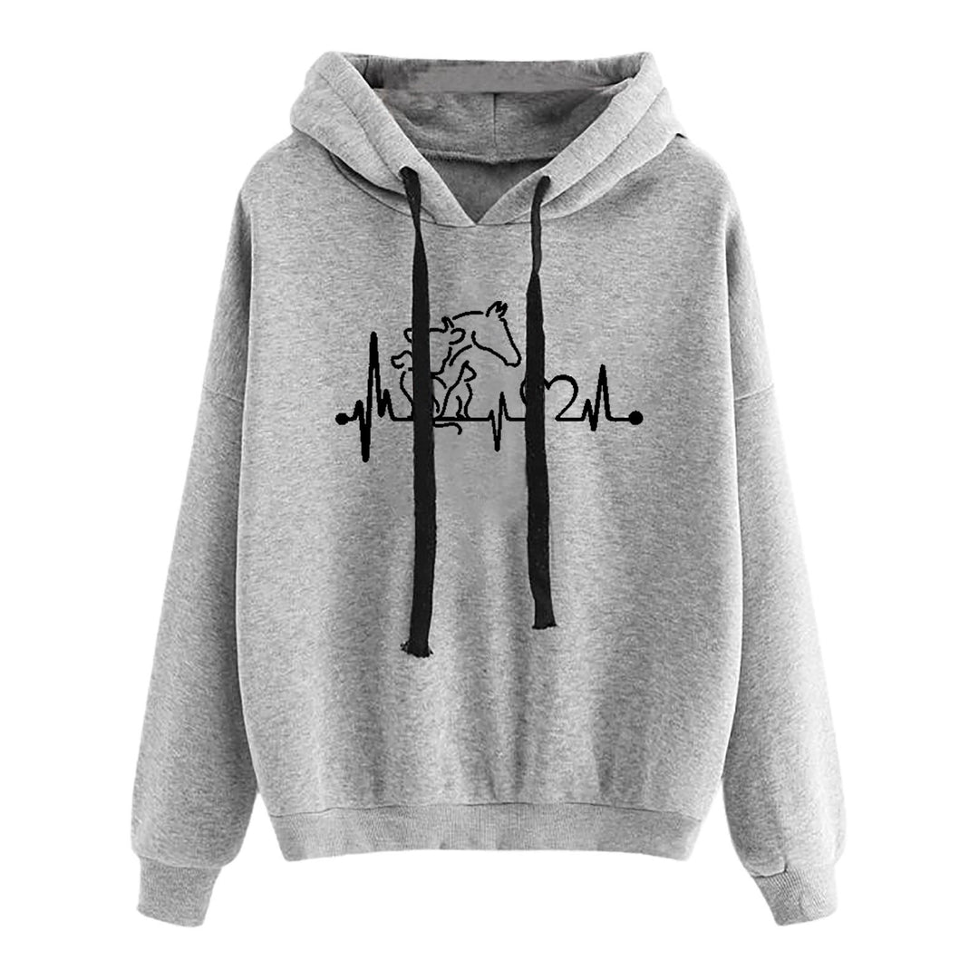 Damen nan leichter Oversize Kapuzenpullover mit Herz‑EKG‑Motiv, langen Kordeln und elastischem Bund EB