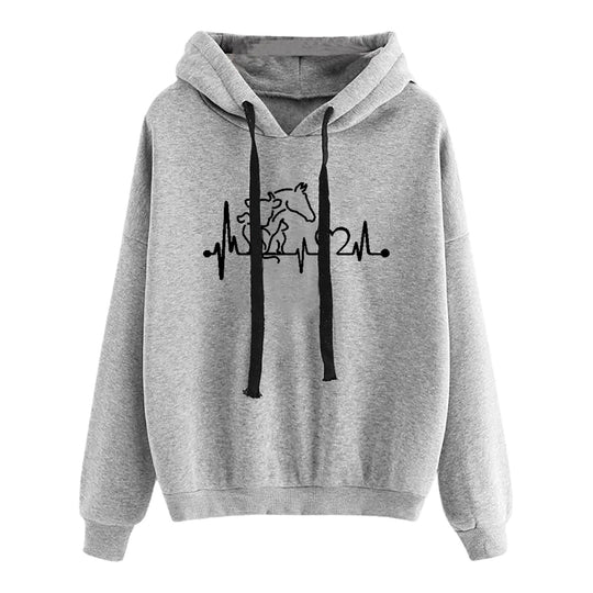 Damen nan leichter Oversize Kapuzenpullover mit Herz‑EKG‑Motiv, langen Kordeln und elastischem Bund EB