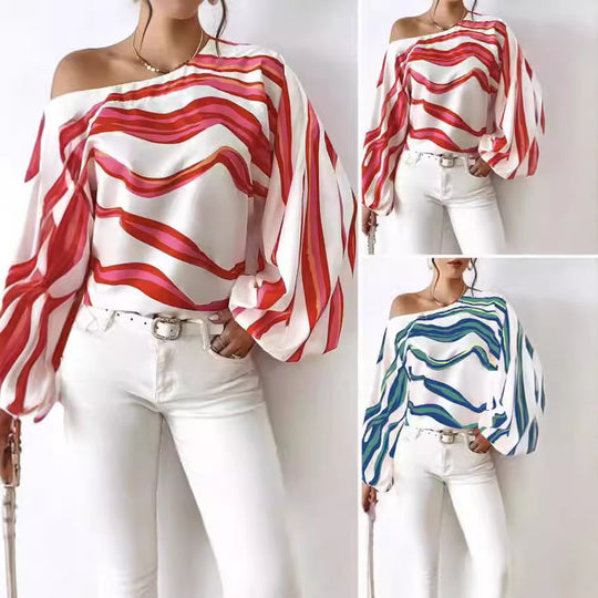 Damen Off-Shoulder Bluse mit voluminösen Ärmeln und maritimem Wellenmuster EB