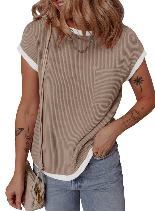 Damen modisches T-Shirt mit strukturiertem Material und Brusttasche EB