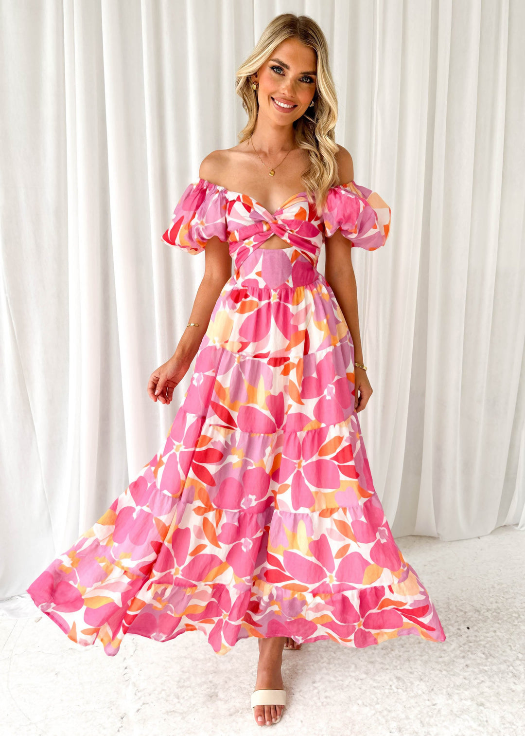 Damen Maxikleid mit voluminösen Puffärmeln und floralem Muster EB