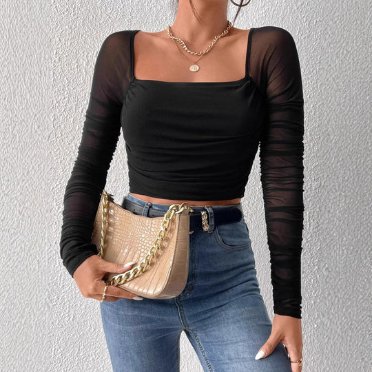 Damen Cropped Oberteil mit transparenten Ärmeln EB