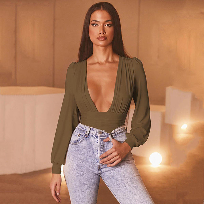 Damen Eleganter Langarm-Bodysuit mit V-Ausschnitt EB