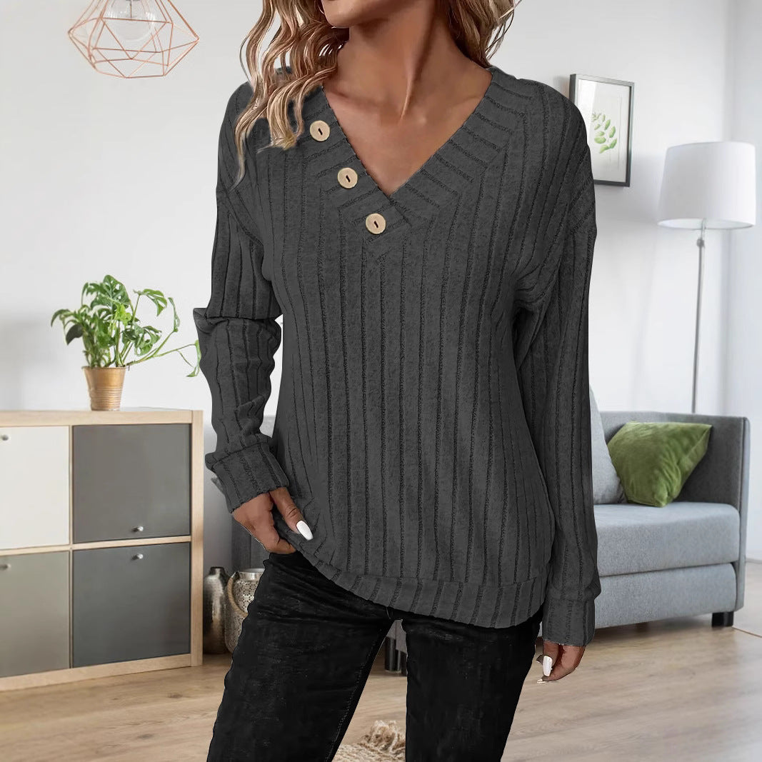 Damen lässiger V-Ausschnitt Pullover mit Knopfdetails und feinem Rippenmuster EB