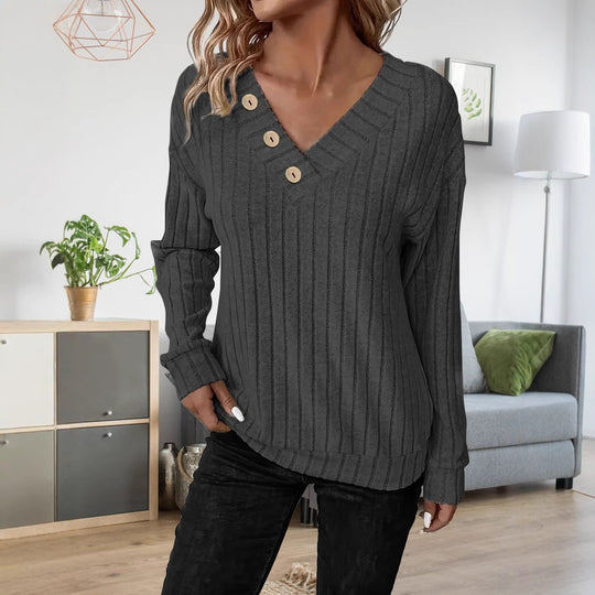 Damen lässiger V-Ausschnitt Pullover mit Knopfdetails und feinem Rippenmuster EB