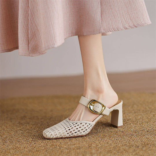Damen elegante Mules mit modischem Geflecht und komfortablem Blockabsatz EB