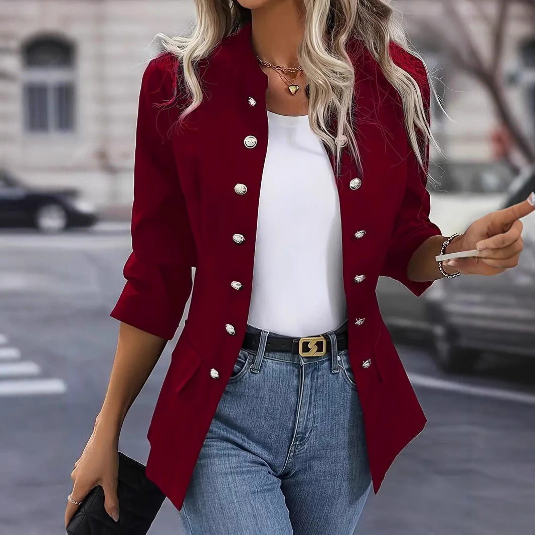 Damen nan taillierter Longblazer mit Stehkragen, dekorativer Metallknopfleiste und 3/4-Ärmeln EB