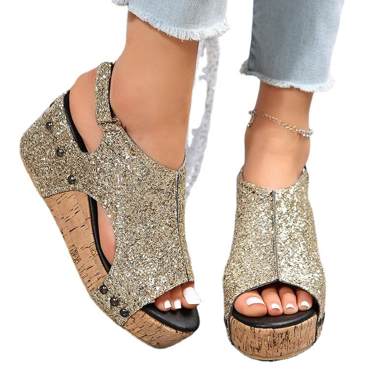 Damen Funkelnde Sandaletten mit modischem Kork-Design EB