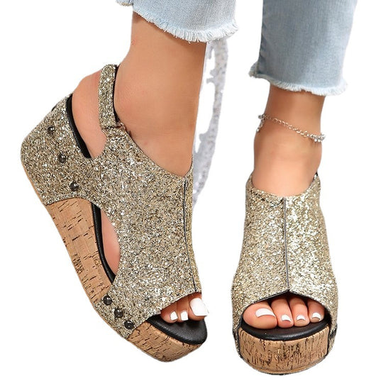 Damen Funkelnde Sandaletten mit modischem Kork-Design EB