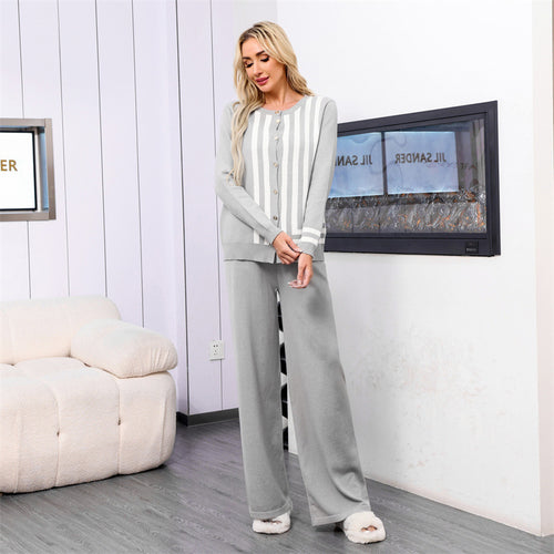 Damen elegantes Strick-Loungewear-Set mit grafischem Muster und Knopfdetaillierung EB
