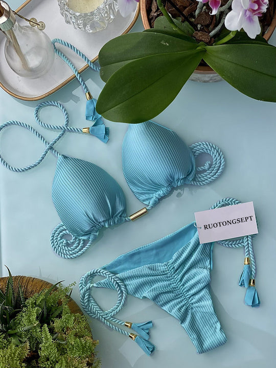 Damen Triangel-Bikini mit modischem Leopardenmuster und dekorativen Quasten EB