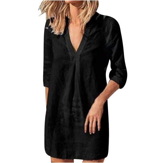 Damen nan Leinen Tunika Kleid mit V-Ausschnitt knielang lockere A-Linie EB