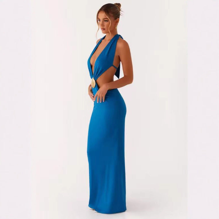Damen Glamouröses Maxikleid mit tiefem V-Ausschnitt und seitlichen Cut-Outs EB