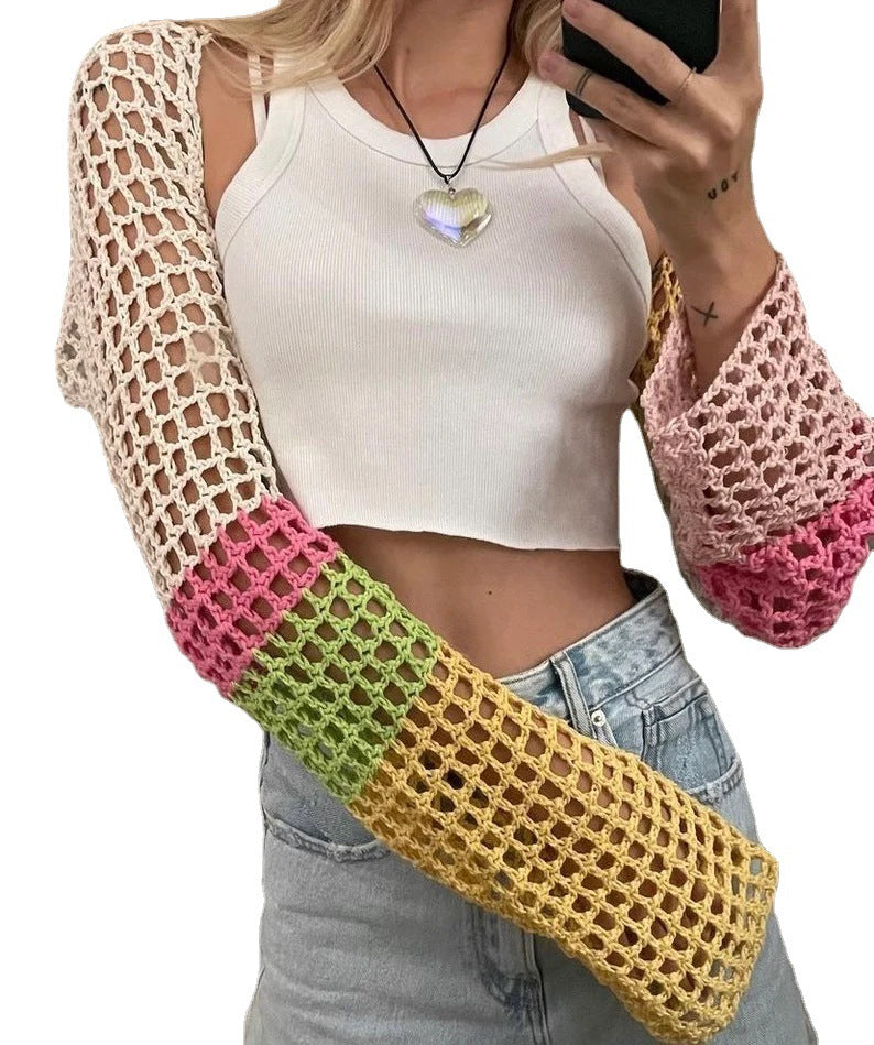 Damen gehäkeltes Langarm-Oberteil mit buntem Netzdesign EB