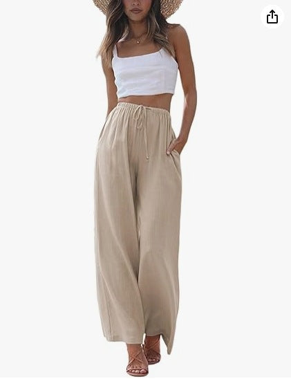 Damen nan weite Leinenhose mit elastischem Bund Kordel und Seitentaschen EB