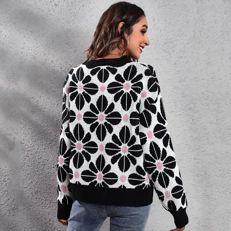 Damen Gemusterter Strickpullover mit floralem Design und hohem Kragen EB