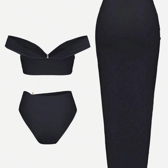 Damen Bikini-Set mit eleganter Wickelrock-Optik und modischem Stern-Applikation EB
