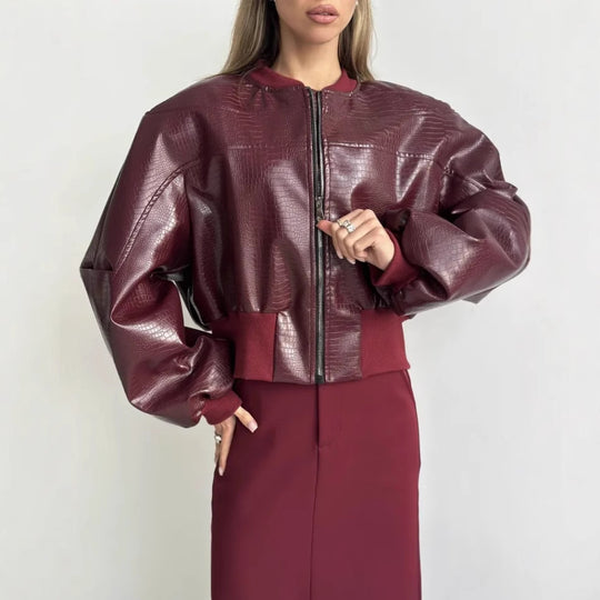 Damen trendige cropped Kunstlederjacke mit voluminösen Ärmeln EB