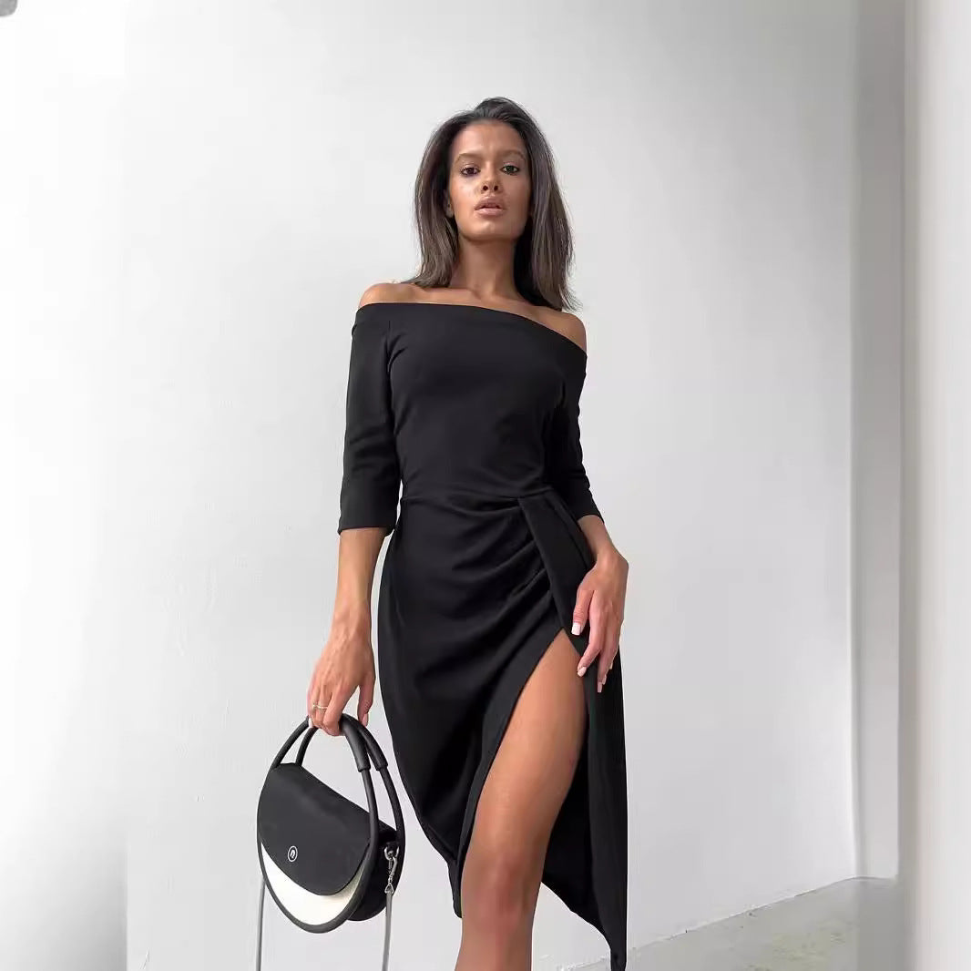 Damen Off-Shoulder Kleid mit asymmetrischem Schnitt und Drapierung EB