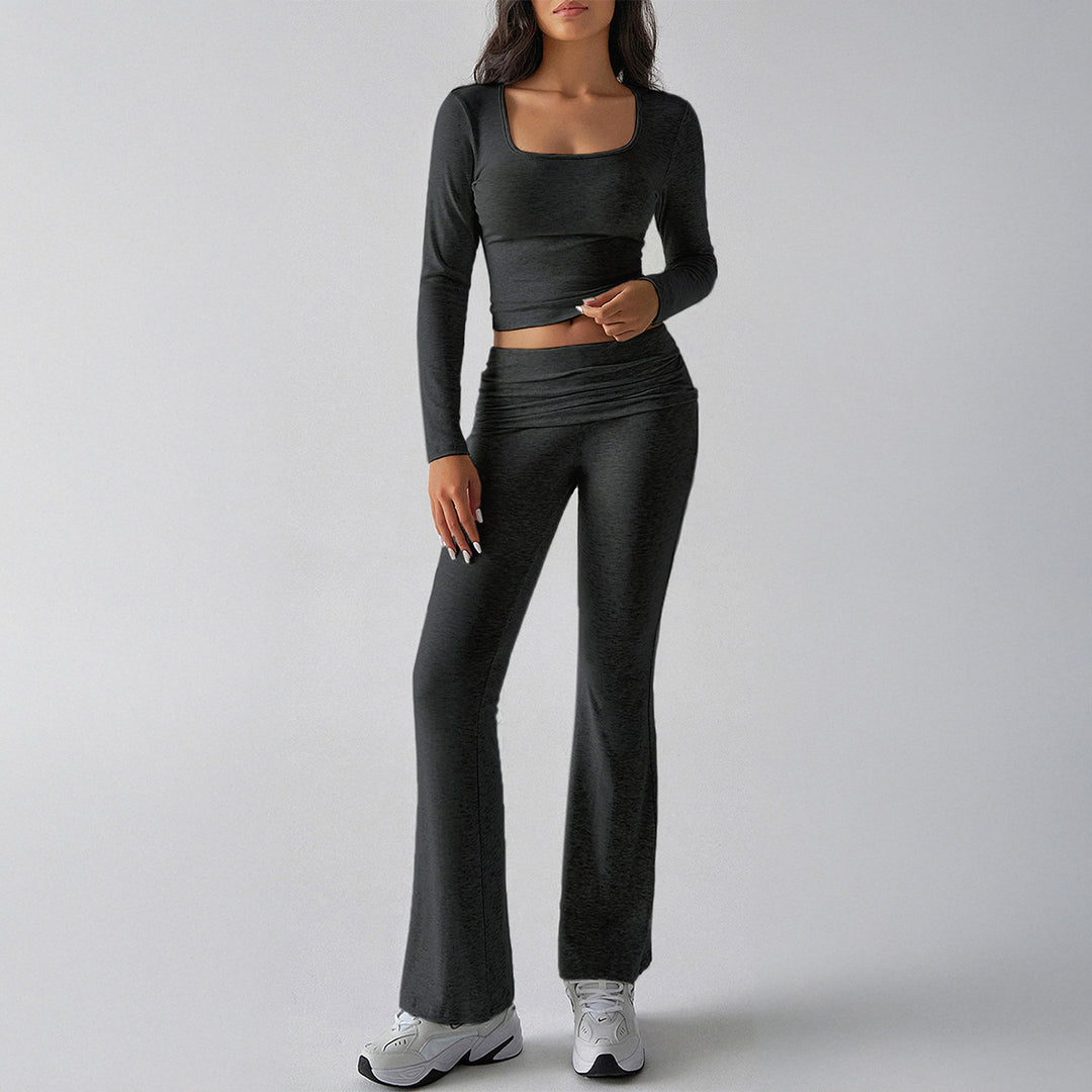 Damen nan figurbetontes Cropped-Set mit langärmeligem Top mit quadratischem Ausschnitt und ausgestellter High‑Waist Yoga-Hose EB