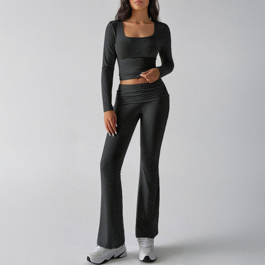 Damen nan figurbetontes Cropped-Set mit langärmeligem Top mit quadratischem Ausschnitt und ausgestellter High‑Waist Yoga-Hose EB
