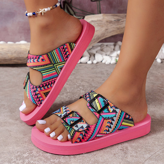 Damen bequeme Plateausandalen mit verstellbaren Riemen und buntem Ethno-Design EB