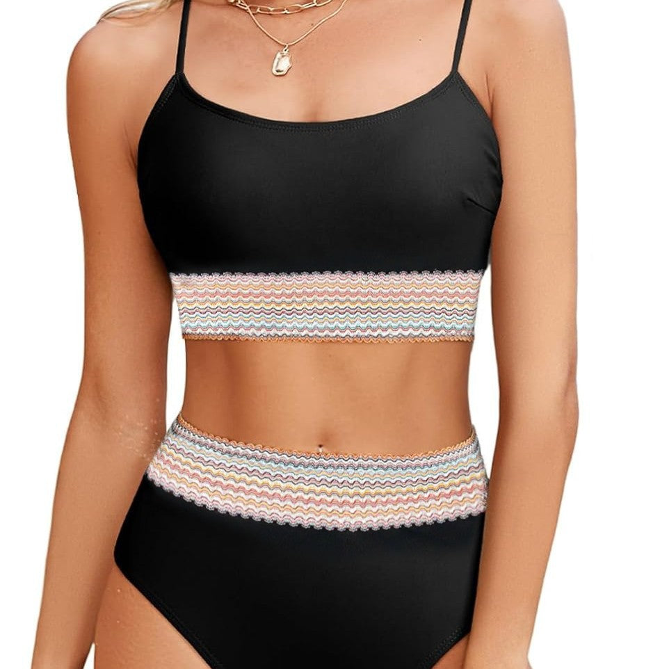 Damen Sportliches Bikini-Set mit hohem Bund und buntem Wellenmuster EB