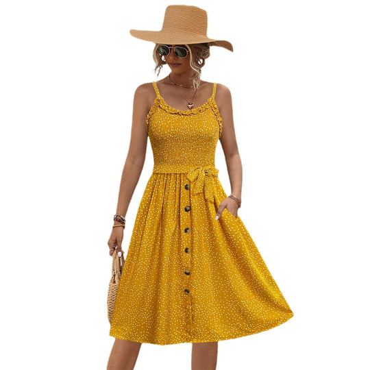 Damen Midi-Kleid mit schwingendem Rock und Rüschendetails EB