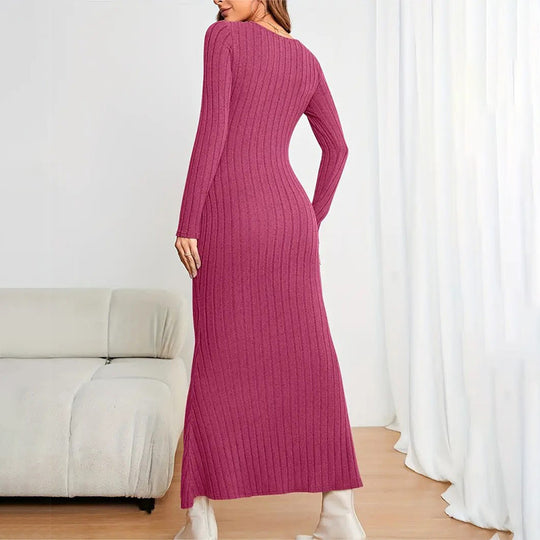Damen Langarm Kleid mit Rippstrick und Quadrat-Ausschnitt EB