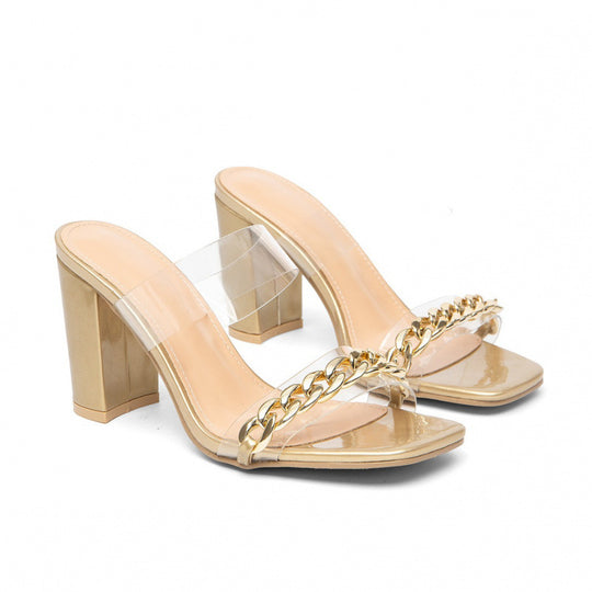 Damen transparente Slingback-Sandalen mit elegantem Blockabsatz und Metallkettendetail EB