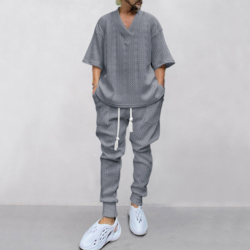 Herren nan lässiges Strickset mit V-Ausschnitt und Kordelzug-Joggerhose EB