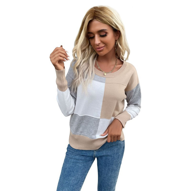 Damen Gemusterter Sweatpullover mit Farbblockdesign und Rundhalsausschnitt EB