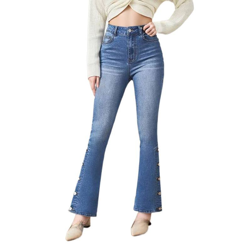 Damen Bootcut Jeans mit dekorativen Knopfdetails EB