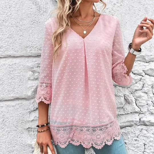 Damen nan feminine Chiffon-Tunika mit Pünktchenrelief, V-Ausschnitt und Häkelspitzenbesatz EB