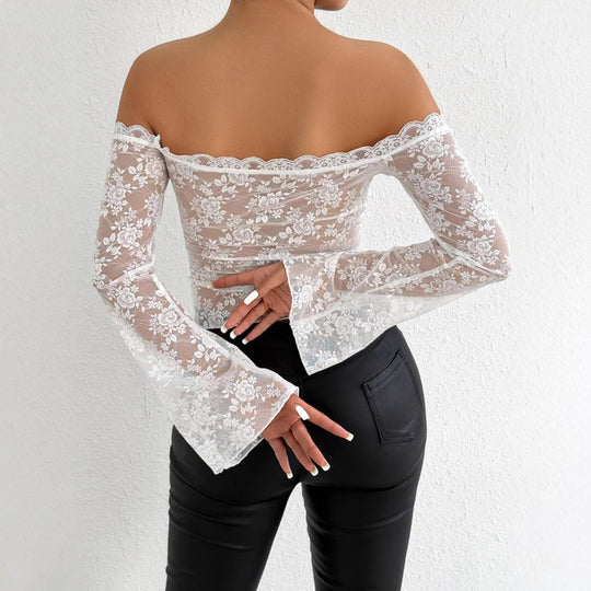 Damen Spitzenoberteil mit schulterfreiem Design und eleganten Trompetenärmeln EB