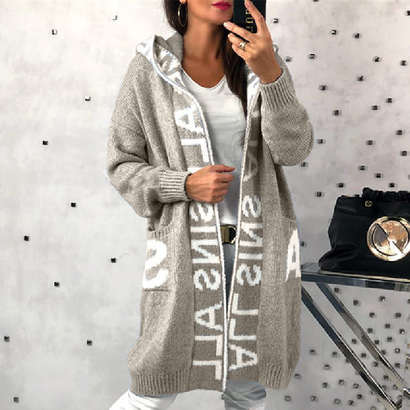 Damen Langarm-Strickcardigan mit Kapuze und praktischen Taschen EB