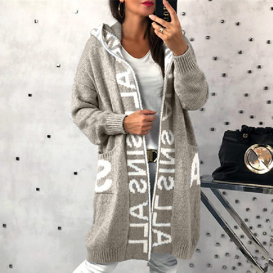 Damen Langarm-Strickcardigan mit Kapuze und praktischen Taschen EB