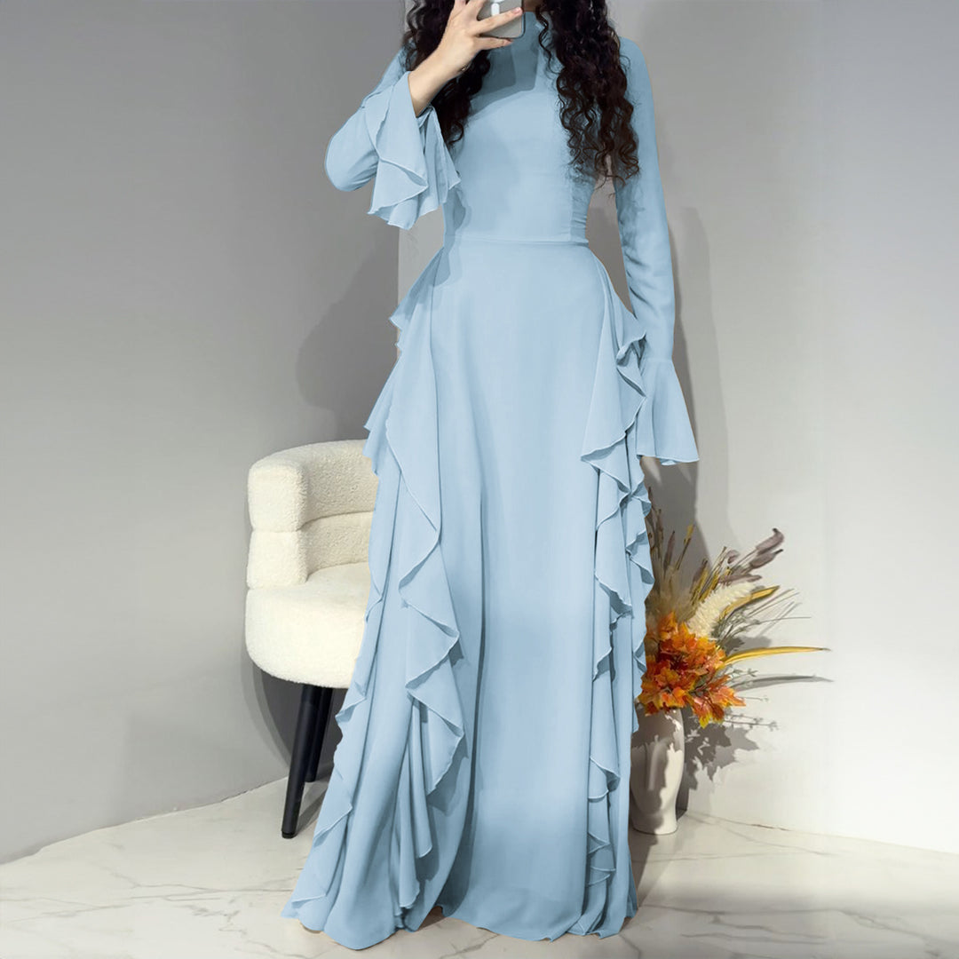 Damen nan Maxikleid mit Volantbesatz, taillierter Empire‑Silhouette und langen Glockenärmeln EB