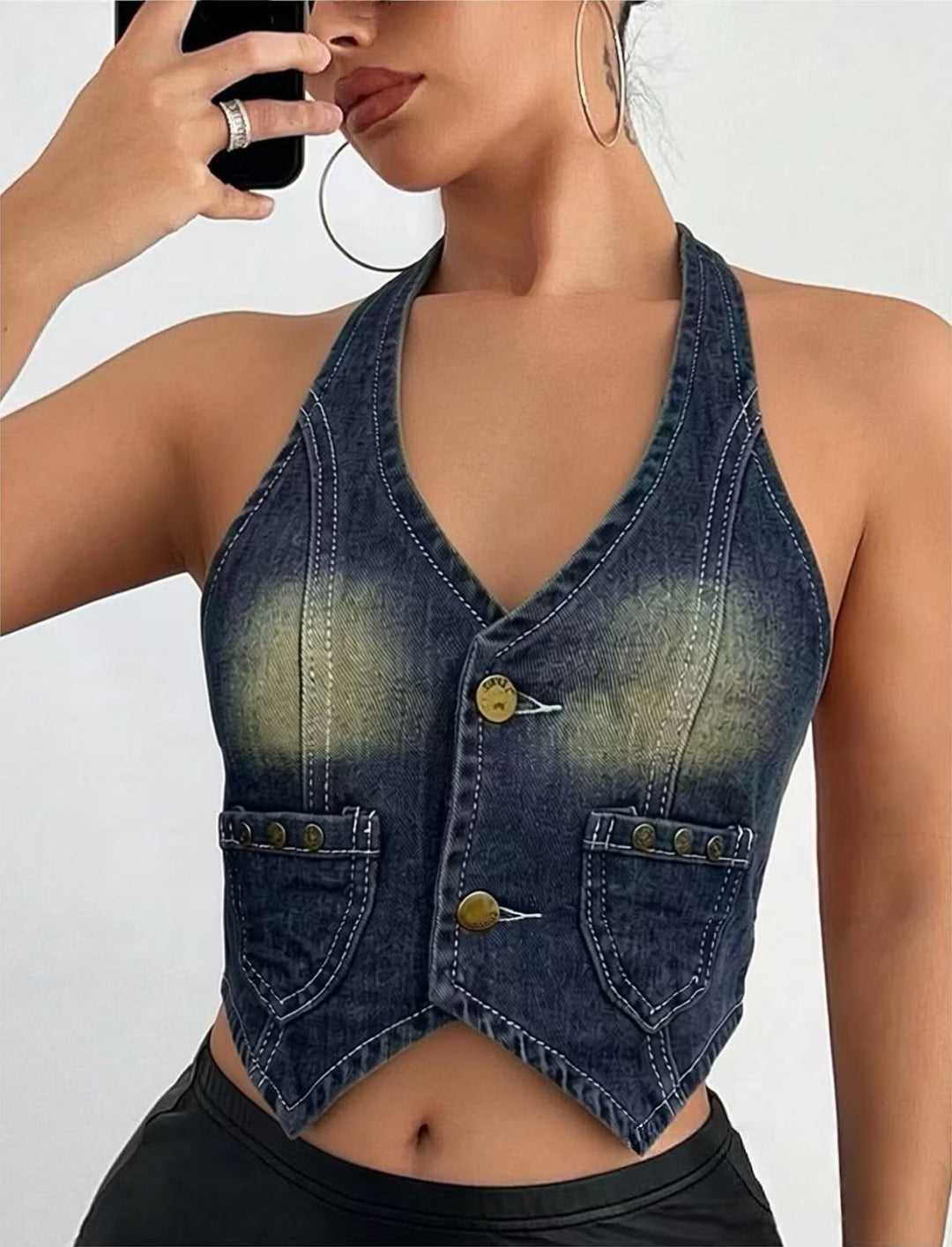 Damen Denim Bustier-Jacke mit Knopfdetails und aufgesetzten Taschen EB