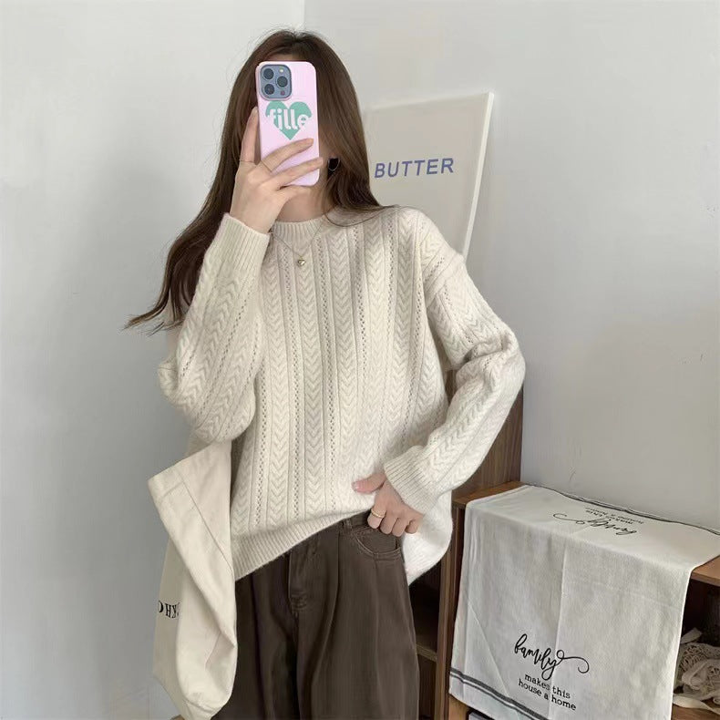 Damen Grobstrickpullover mit modernem Zopfmuster und hohem Rundhalsausschnitt EB